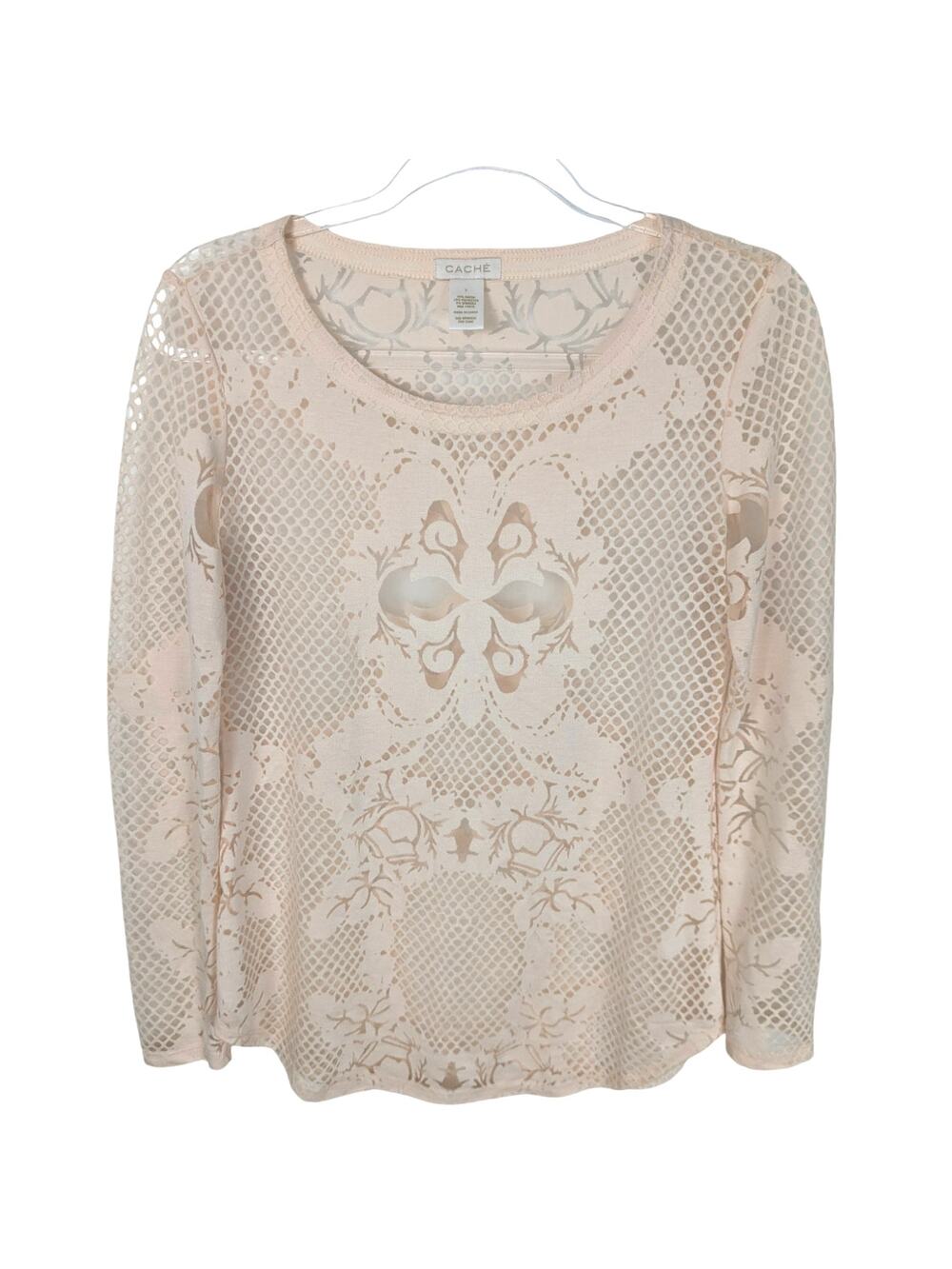 Cache Vintage Y2K Top Burnout Sheer Floral Net Design Cream Size Small